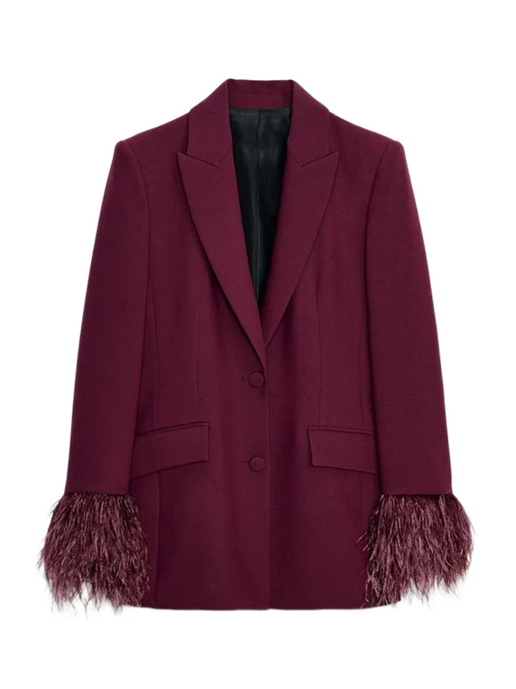 Chin.Sweety Women's Feather Blazer Pants Set for Office Wear