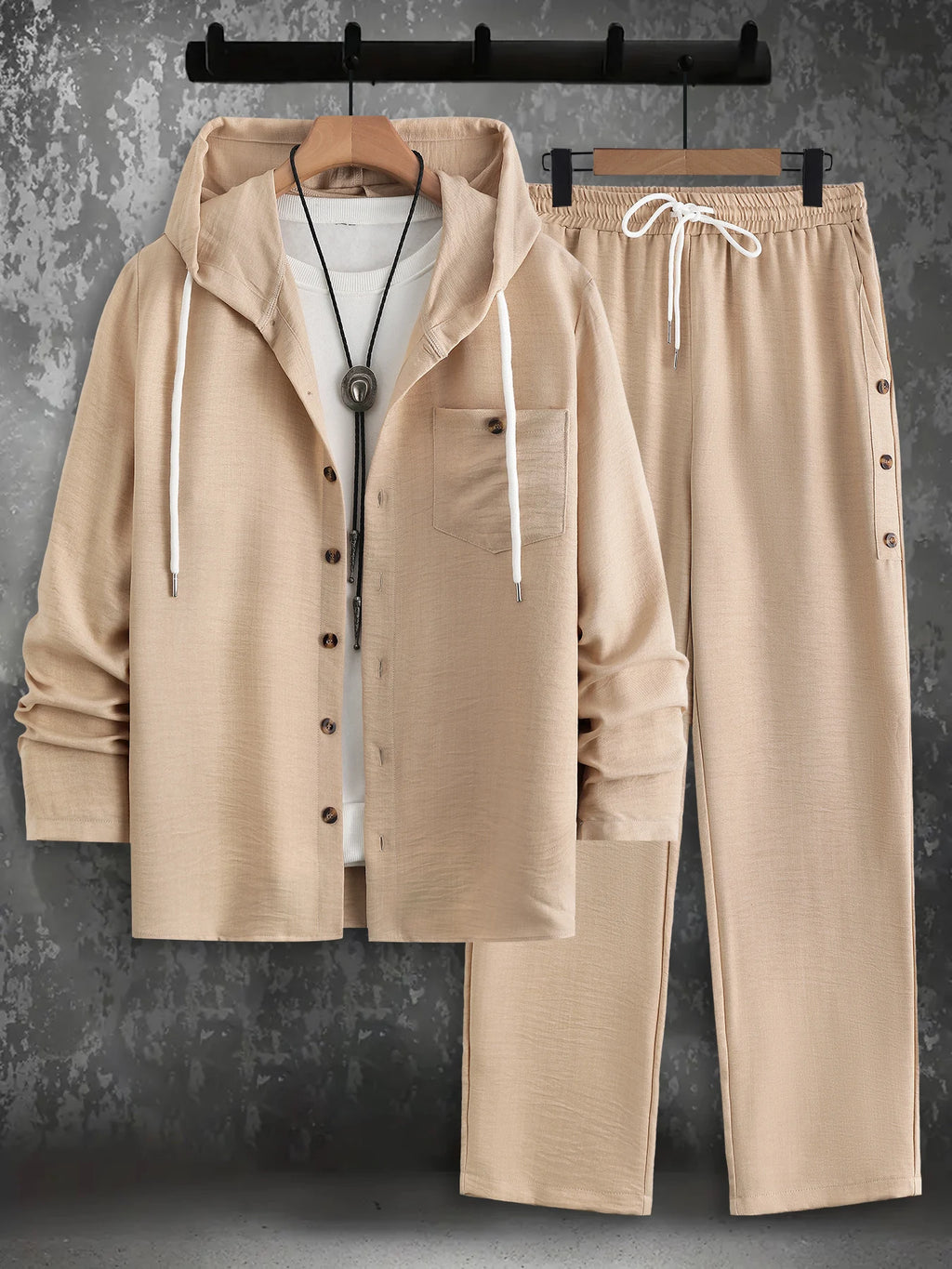 Men's 2 Piece Textured Outfits, Beige Hooded Shirt & Drawstring Pants Set