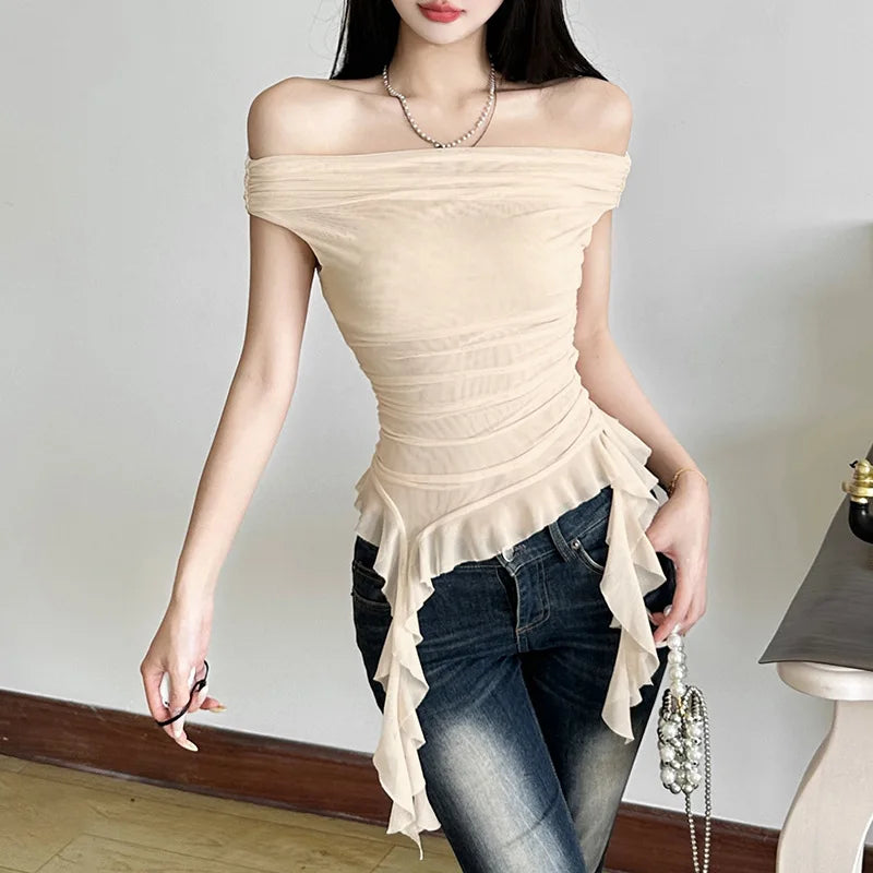 Floral Polyester One Shoulder Tank Top for Women by bywindto