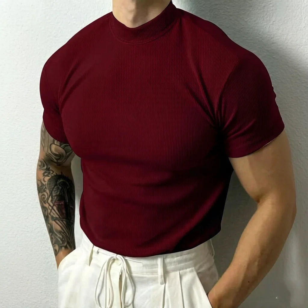 Man Fashion Tops Men's T-shirt Small High Collar Stripe Shirt Casual T-shirt Short Sleeve Fitness T shirt Men Sport Clothing