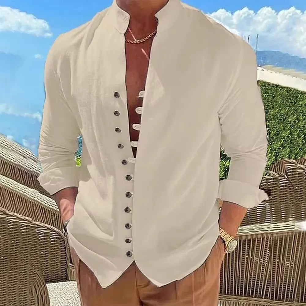 Casual Cotton Linen Shirt for Men in Solid Color