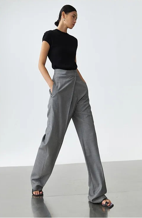 Gray High-Waisted Straight-Leg Wool Pants for Women