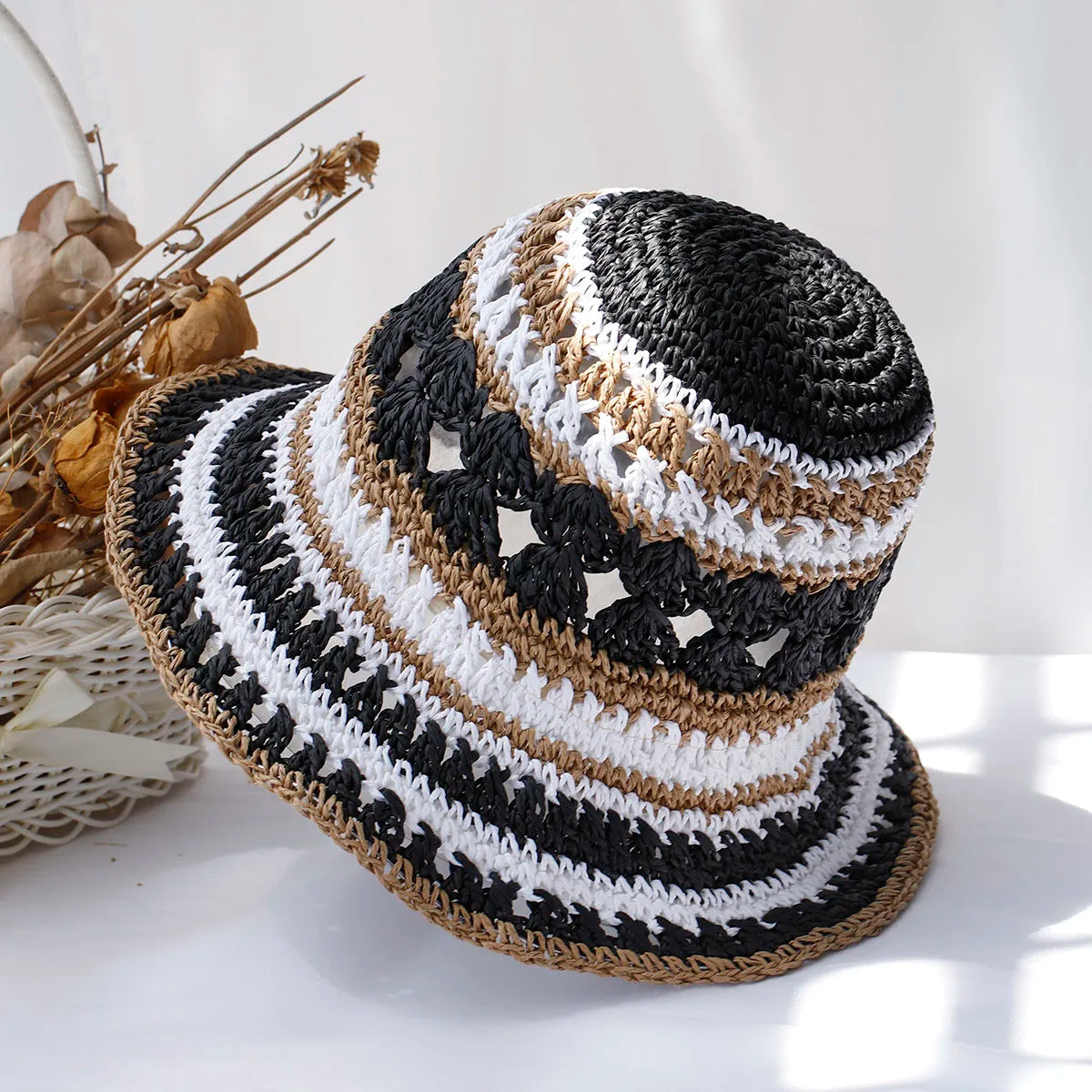 Multicolor Straw Bucket Hat for Women - Casual Summer Style