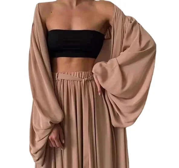 Comfortable Women Lantern Sleeve Cardigan and Wide Leg Pants Set