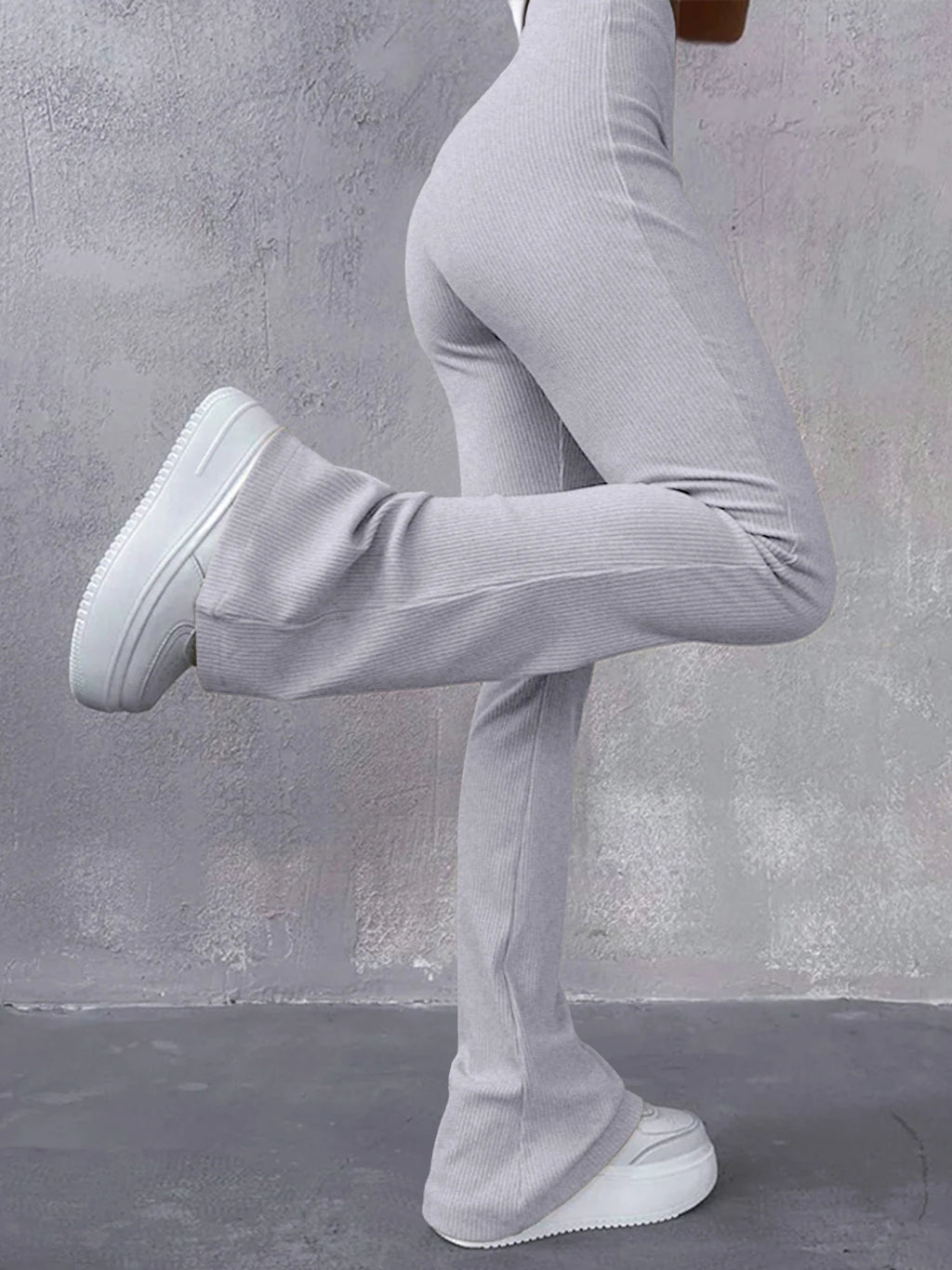 High Waisted Flared Pants for Women in Ribbed Solid Color