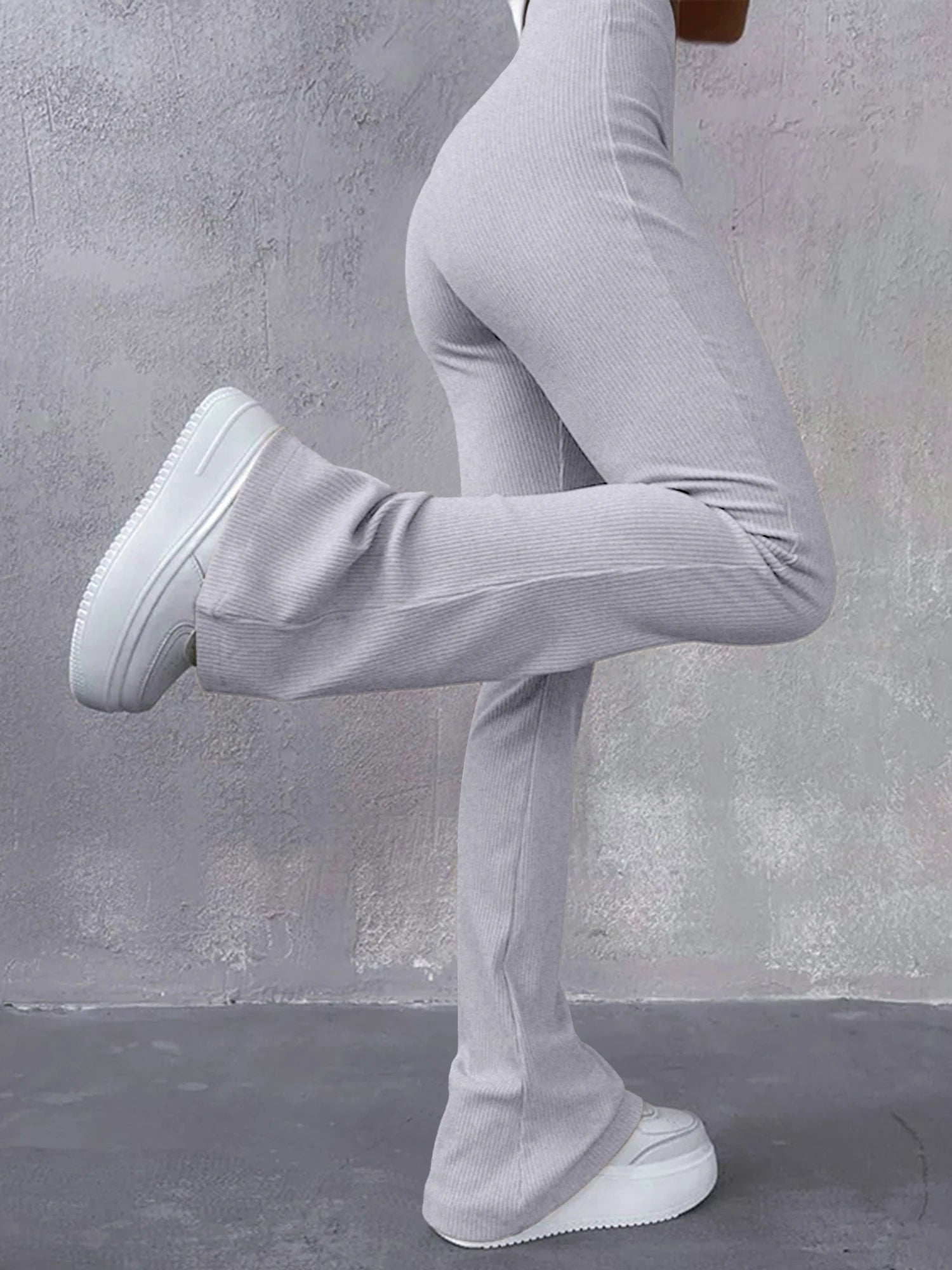 High Waisted Flared Pants for Women in Ribbed Solid Color