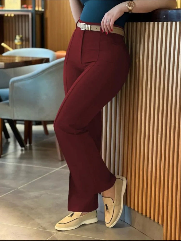 Elegant High Waist Straight Leg Women's Work Pants Polyester