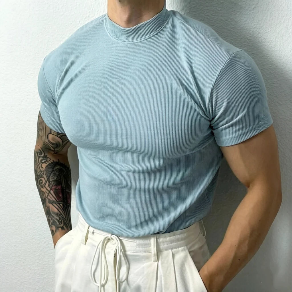 Man Fashion Tops Men's T-shirt Small High Collar Stripe Shirt Casual T-shirt Short Sleeve Fitness T shirt Men Sport Clothing