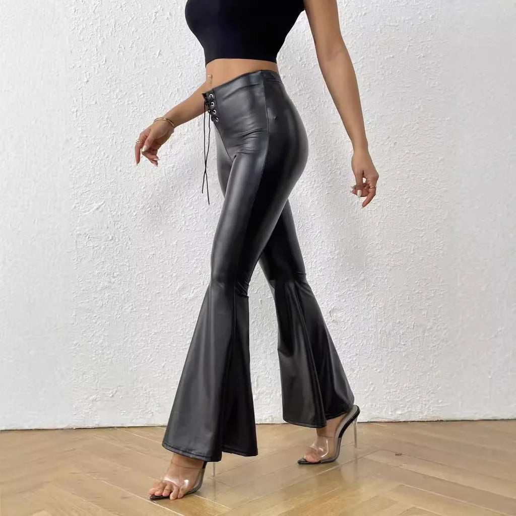 Shiny Leather Bell Bottom Trousers for Women by MALEY LifeStyle