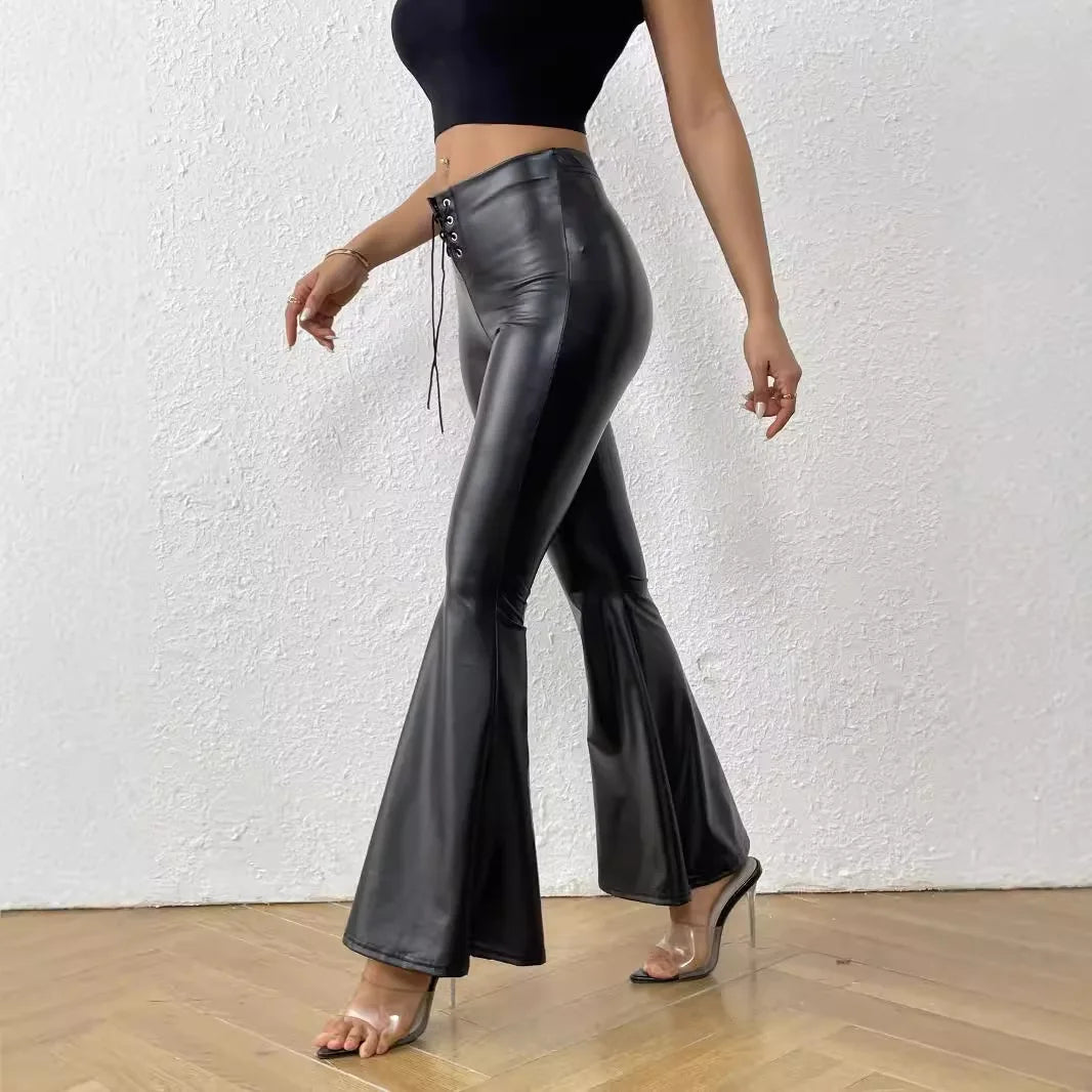 Shiny Leather Bell Bottom Trousers for Women by MALEY LifeStyle