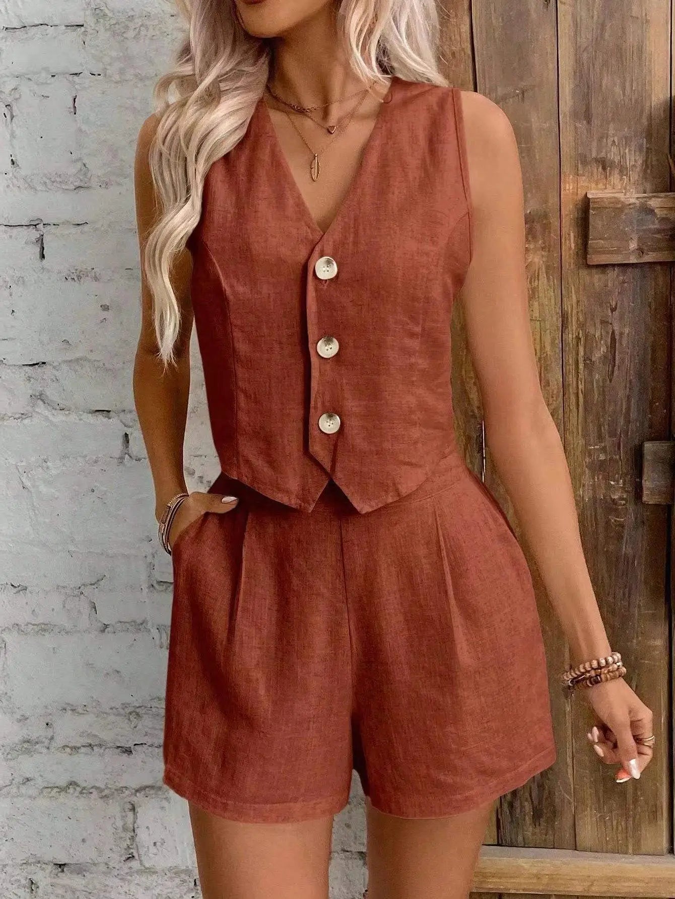 2026 Women's Apricot Cotton Linen Casual Two Piece Set