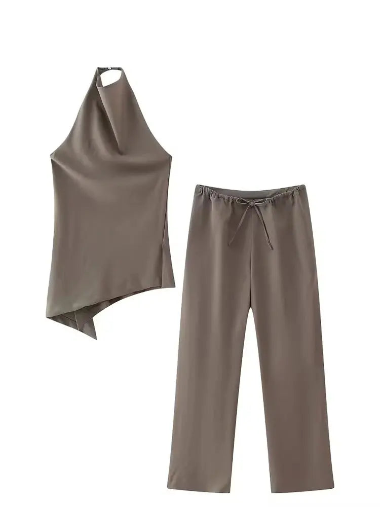 HH Women Vintage Solid Pant Set Backless Halter Top and Drawstring Trousers