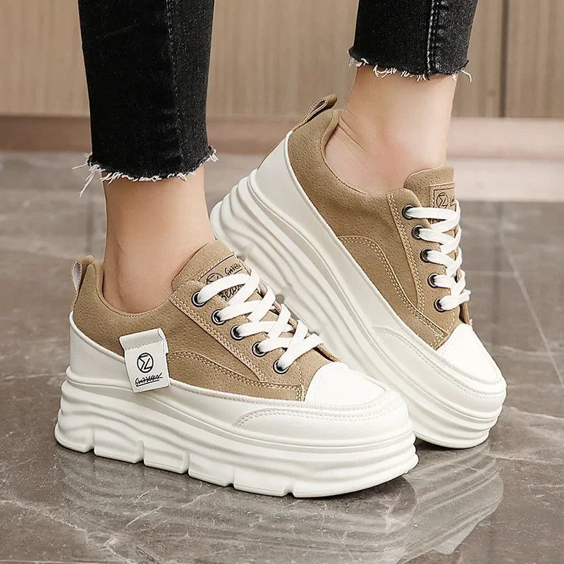 Chunky Lace-Up Sneakers for Women in Soft PU for Casual Wear