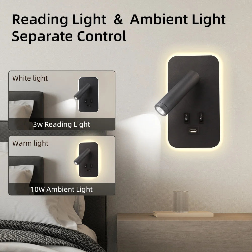 Modern LED Wall Lamp for Bedroom Reading in Black Plastic