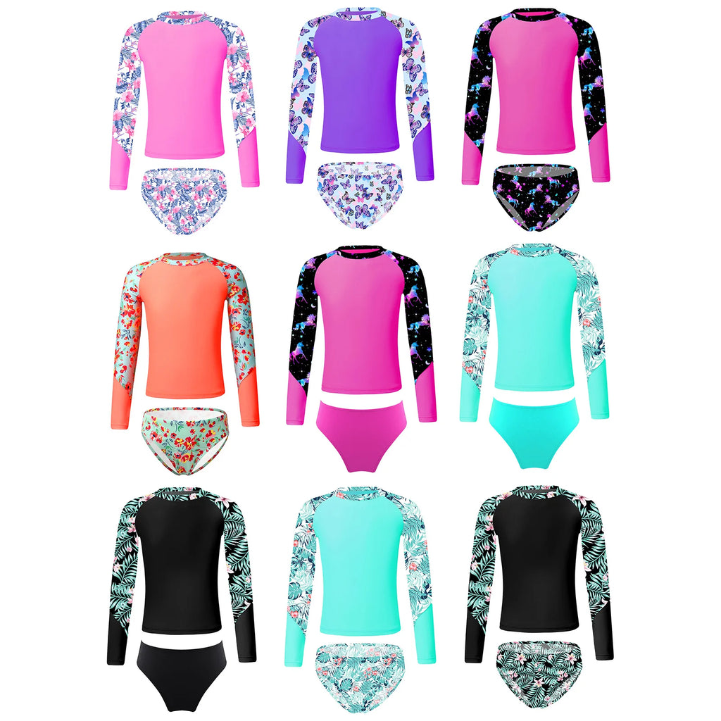 Kids Girls Long Sleeve Print Swimwear with Briefs for Beach
