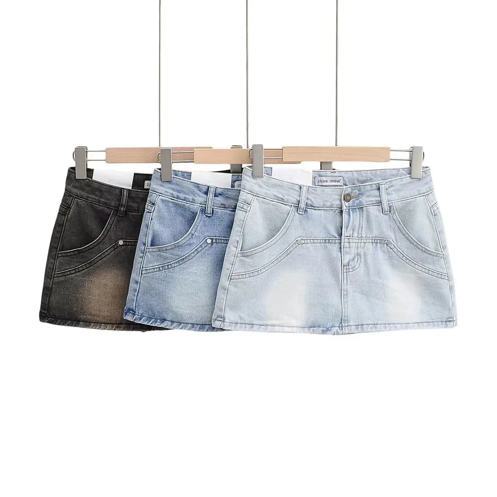 Women High Waist Denim Mini Skirt with Pockets
