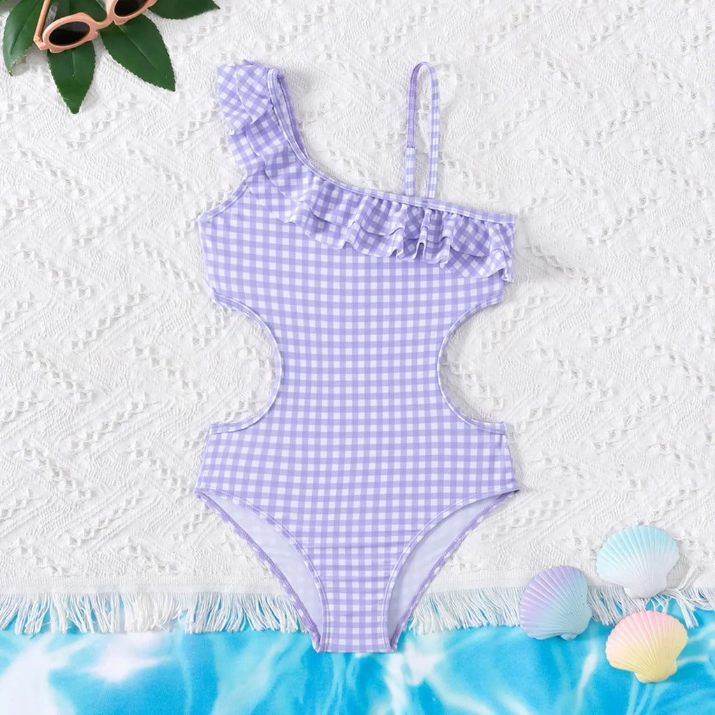 Girls One Shoulder Ruffle Swimsuit in Floral Polyester