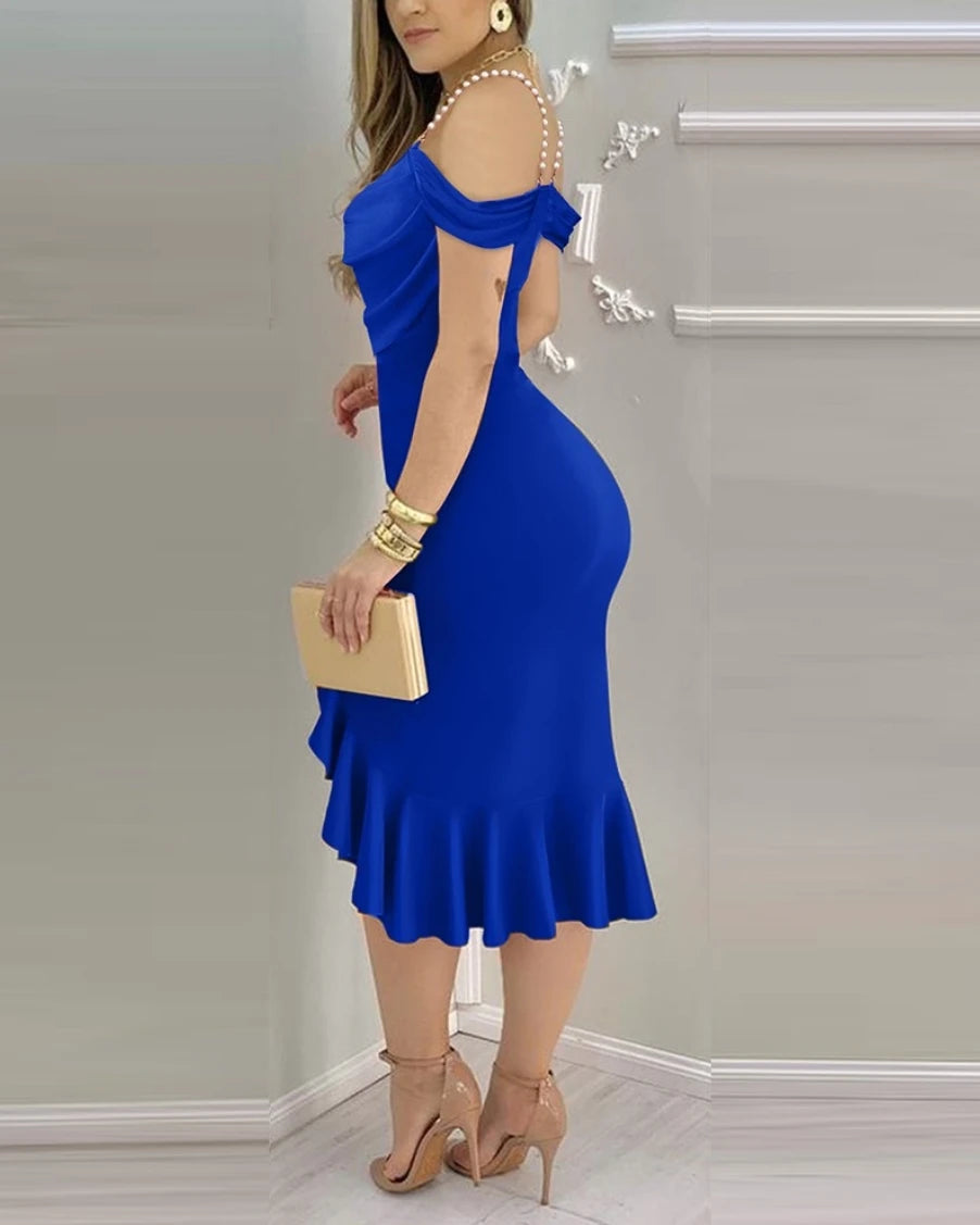 Elegant Off Shoulder Midi Dress for Women in Solid Jersey