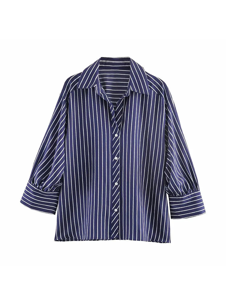 Stylish Women Striped Blouse with Turn-Down Collar