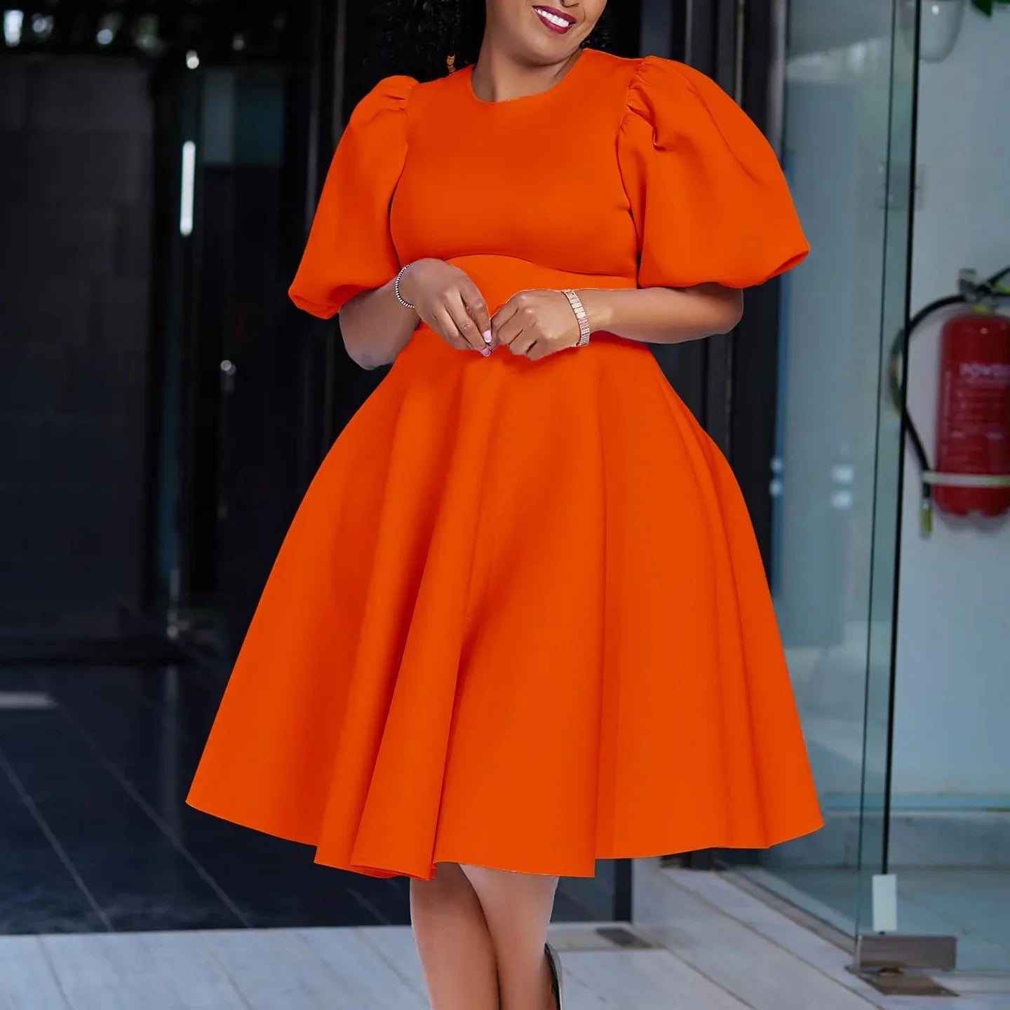 Luxury Polyester A-Line Dress with O Neck for Women