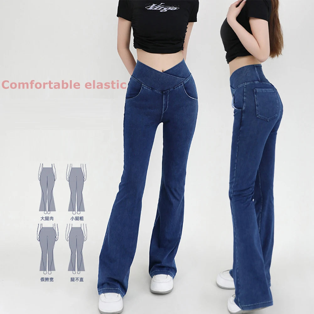 Flared Yoga Jeans for Women with Elastic Waist Design