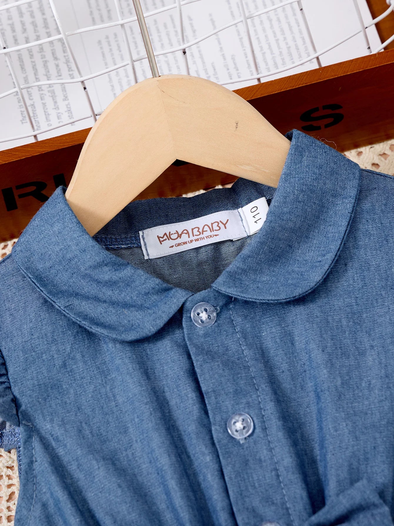 Denim Print Casual Dress for Girls with Bow and Ruffled Sleeves