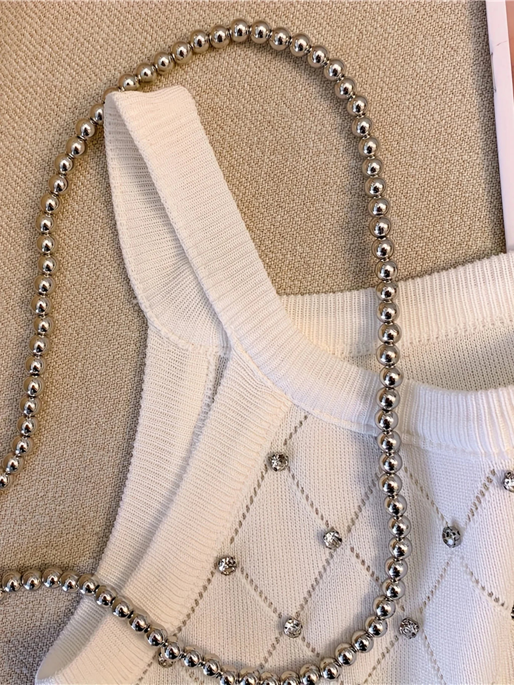 Casual Knitted Cami Top with Rhinestones for Women