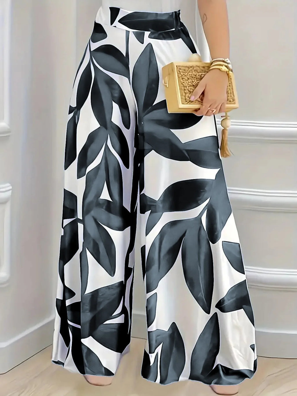 Elegant Boho Wide-Leg Trousers for Women in Blue Leaf Print