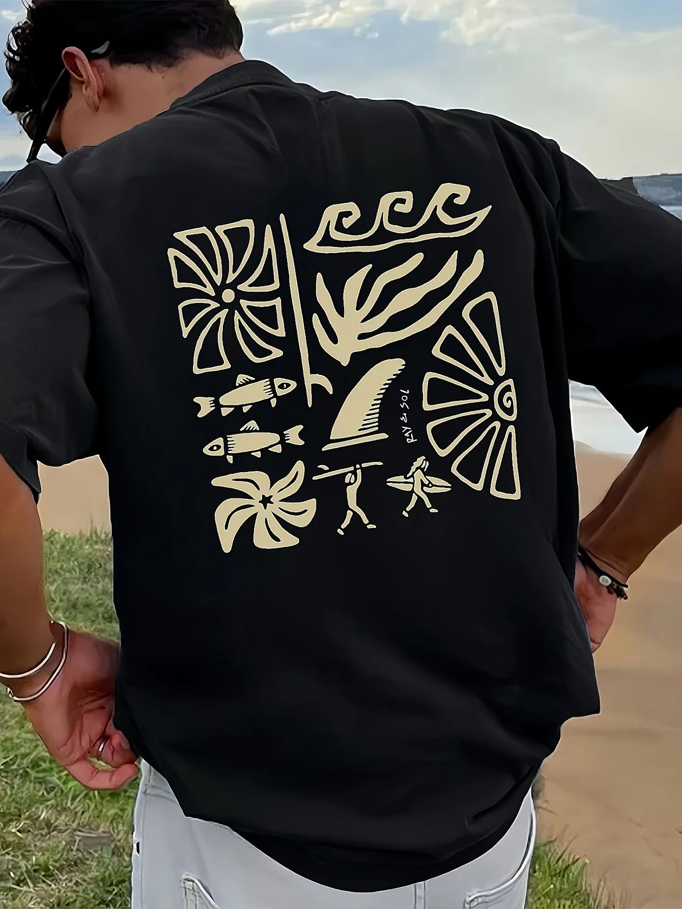 Men's Black Yellow Tropical Beach Graphic T-shirt