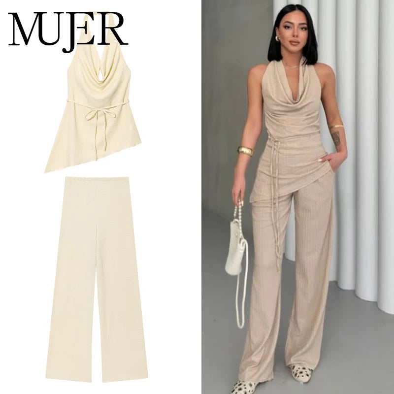 MUJER 2025 Textured Halter Backless Top and High Waist Pants