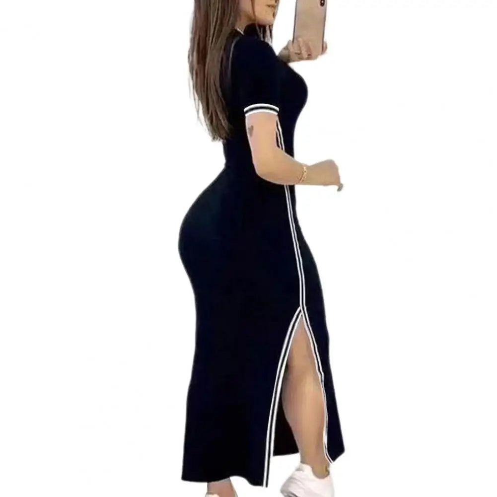 Chic Summer Women Maxi Dress O Neck Side Slit Casual Style