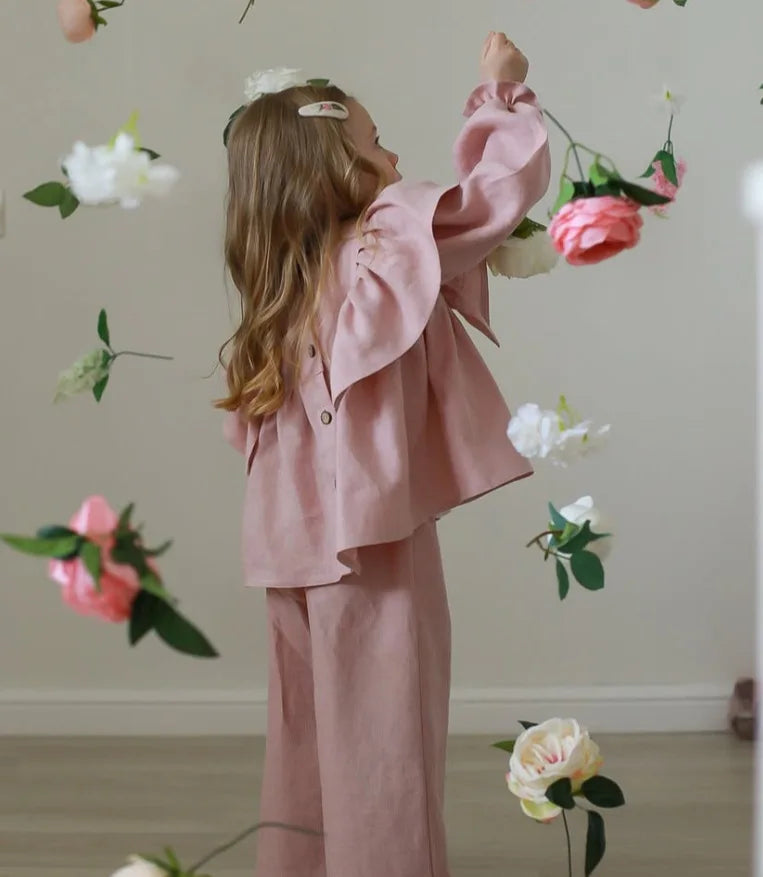Girls Linen Ruffle Blouse and Nine Leg Pants Set