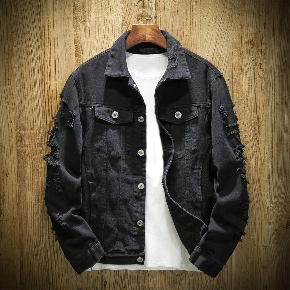 New 2024 Men's Fashion Jeans Jacket Solid Spring Autumn Cotton Denim Jacket Men White Black Pink Ripped Hole Jean Coats Male