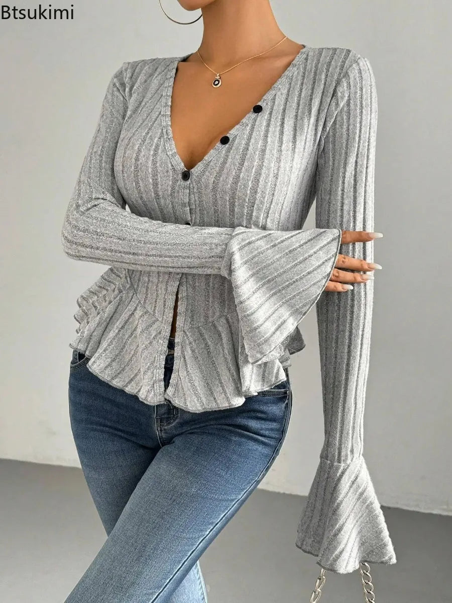 2026 Women's Sexy V Neck Ruffle Trim Slim Brushed Tops Spring Autumn Fashion Long Sleeve T-Shirts Female Elegant Commuting Tops