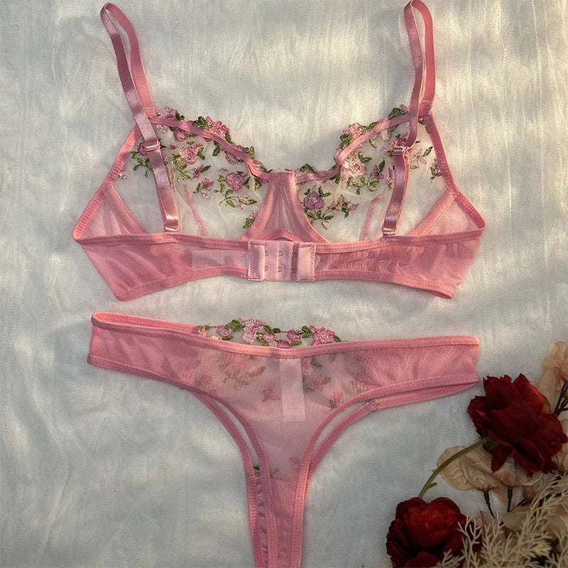 Transparent Embroidered Floral Bra and Panties Set for Women