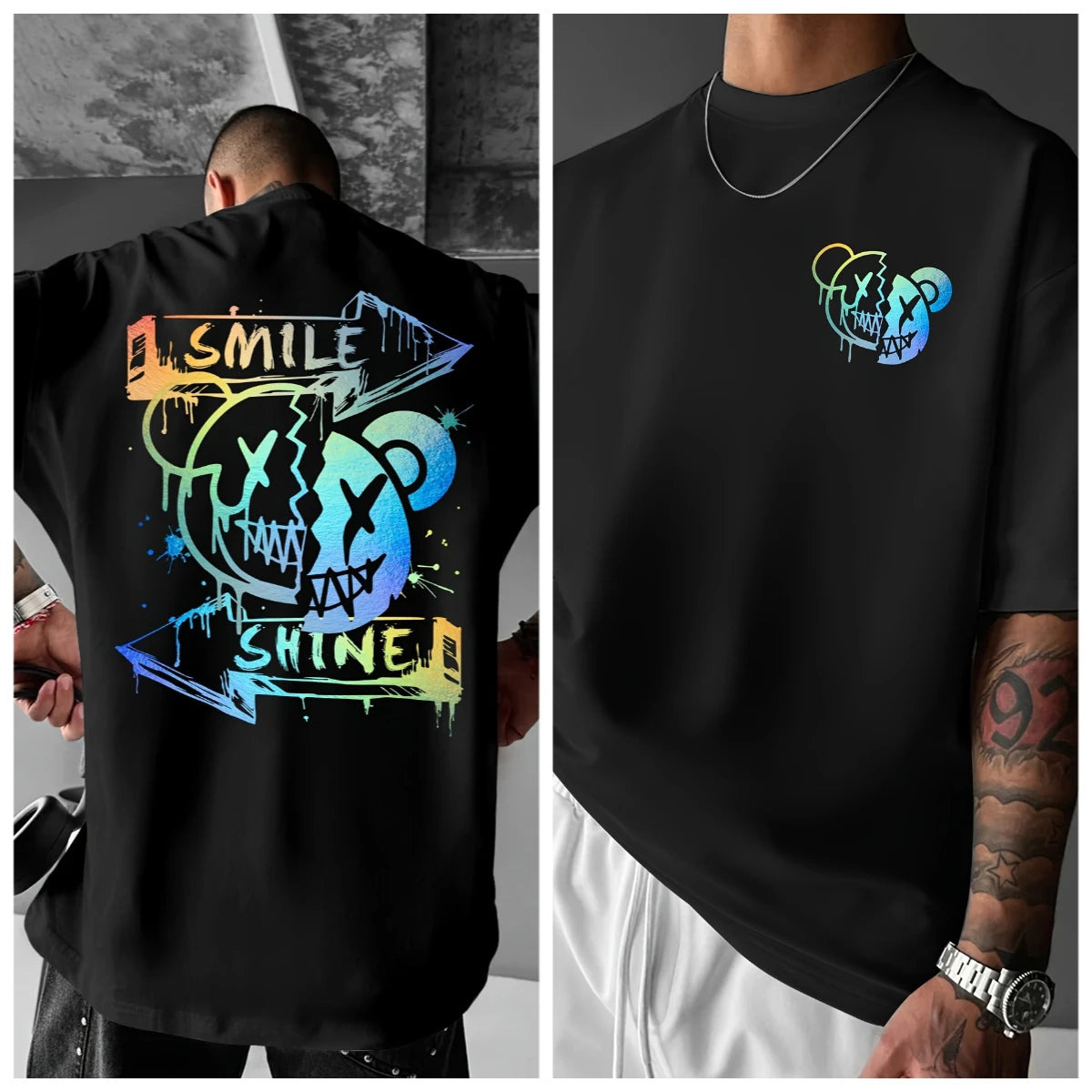 Men's American Street Style Printed T-shirt - Round Neck Summer Short Sleeved Shirt,