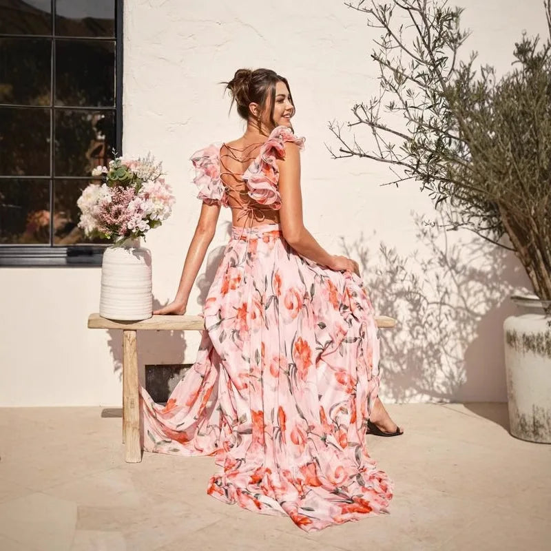 Floral Printed V-Neck Long Dress for Women by MALEY LifeStyle
