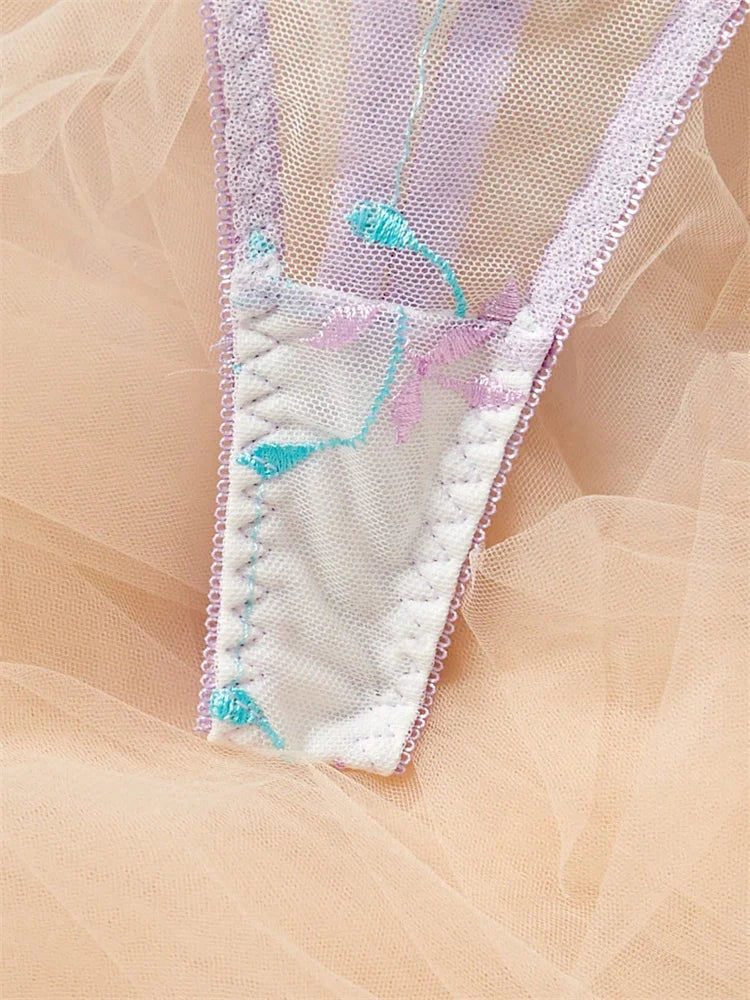 Purple Blue Floral Embroidery Mesh Bra and Panty Set