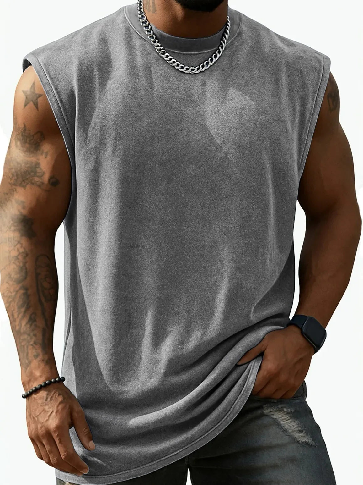 Men Vintage Washed Solid Crew Neck Sleeveless Tank Top Loose Fit Heavy Cotton Casual Fitness Summer Vest