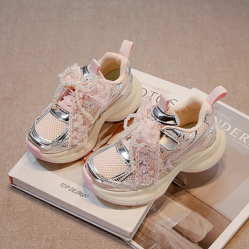 Girls’ Lace and Pearl Embellished Chunky Sneakers for Kids