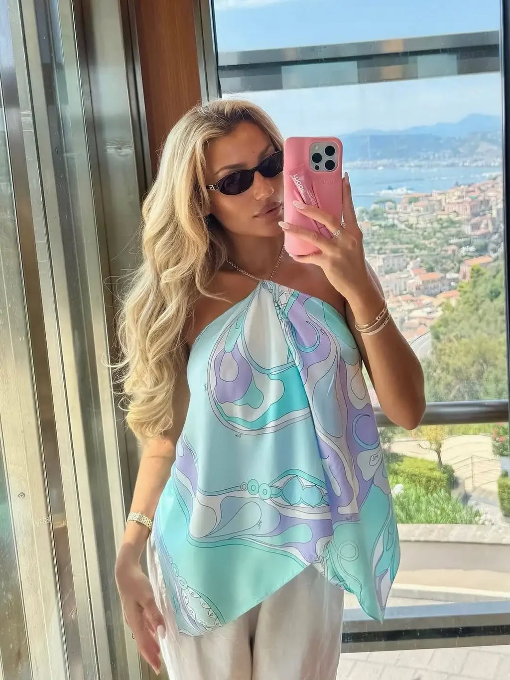Lady Sexy Printed Backless Halter Top Chic Sleeveless Off Shoulder Irregular Loose Cropped Blouse 2026 New Vacation Beach Tops