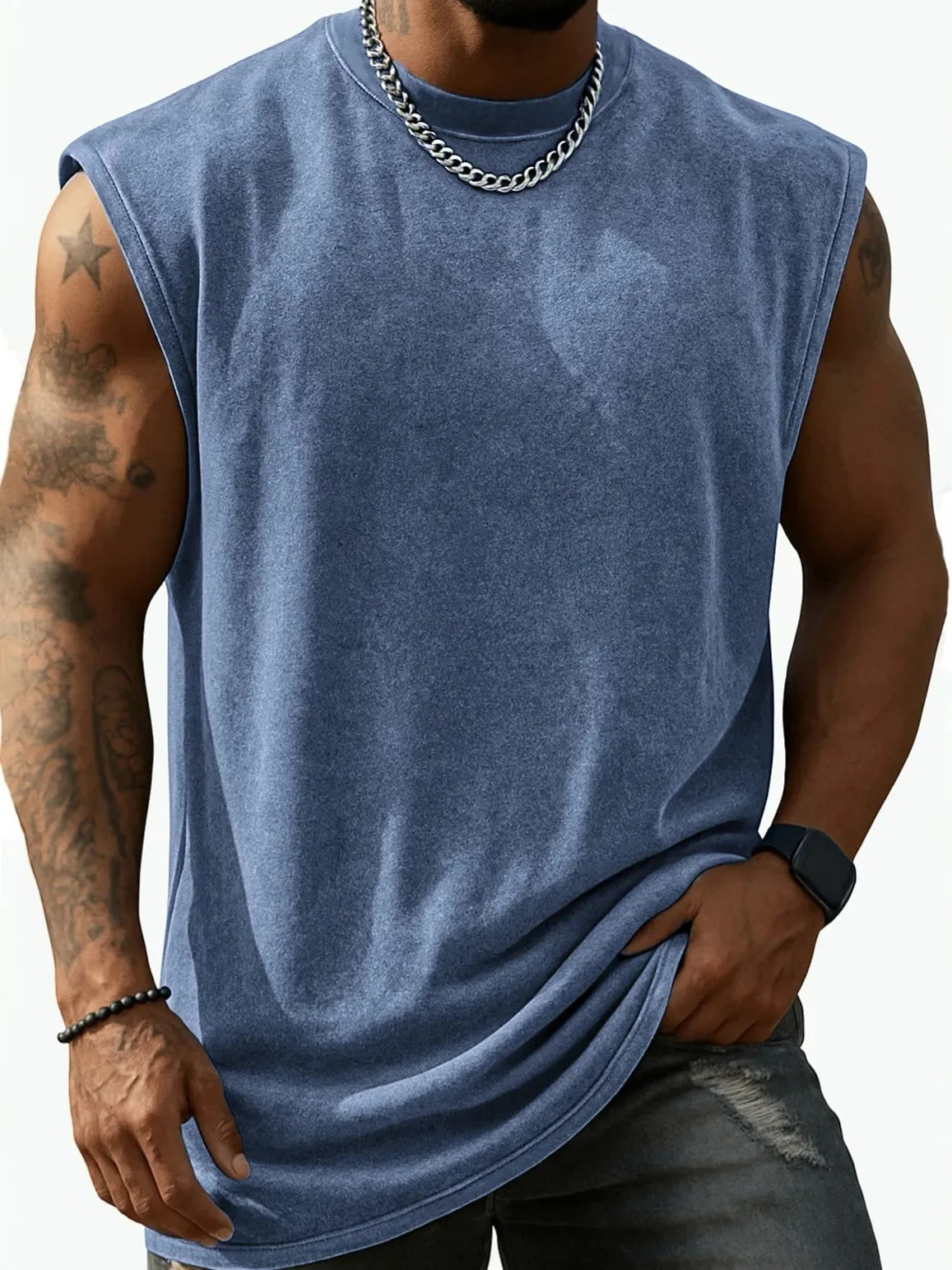 Men Vintage Washed Solid Crew Neck Sleeveless Tank Top Loose Fit Heavy Cotton Casual Fitness Summer Vest