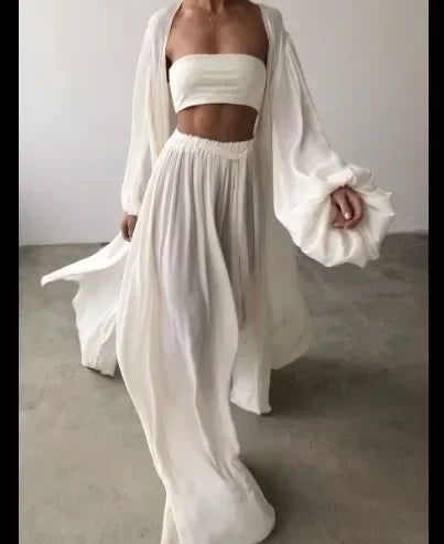 Comfortable Women Lantern Sleeve Cardigan and Wide Leg Pants Set
