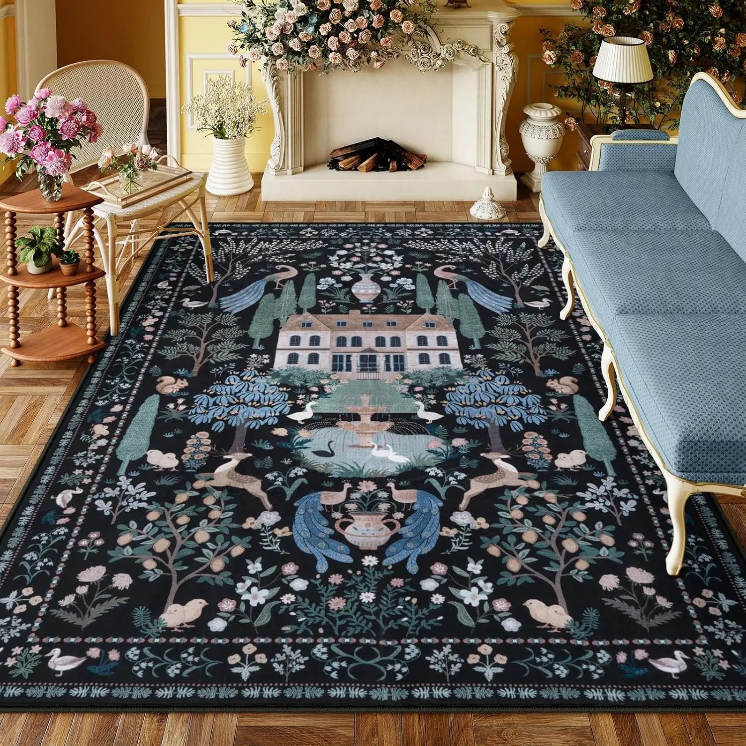 Washable Floral Pattern Living Room Rug Customizable Floor Mat