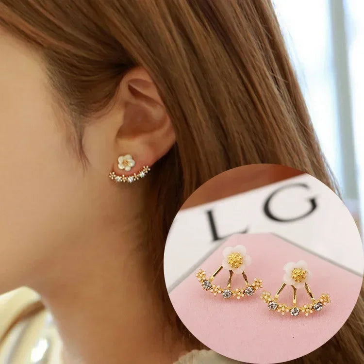 Trendy Women's Flower Stud Earrings in Metal with Zircon