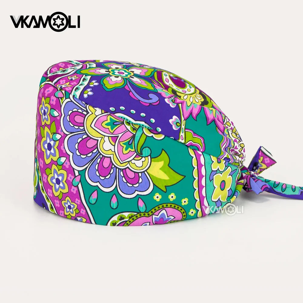 Adjustable Cotton Flower Print Scrub Caps for Women and Men