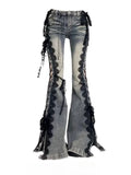 Slim High Rise Flare Jeans for Women with Lace Detail
