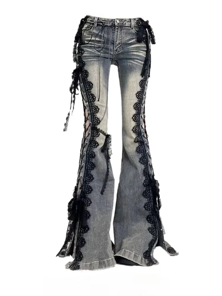 Slim High Rise Flare Jeans for Women with Lace Detail