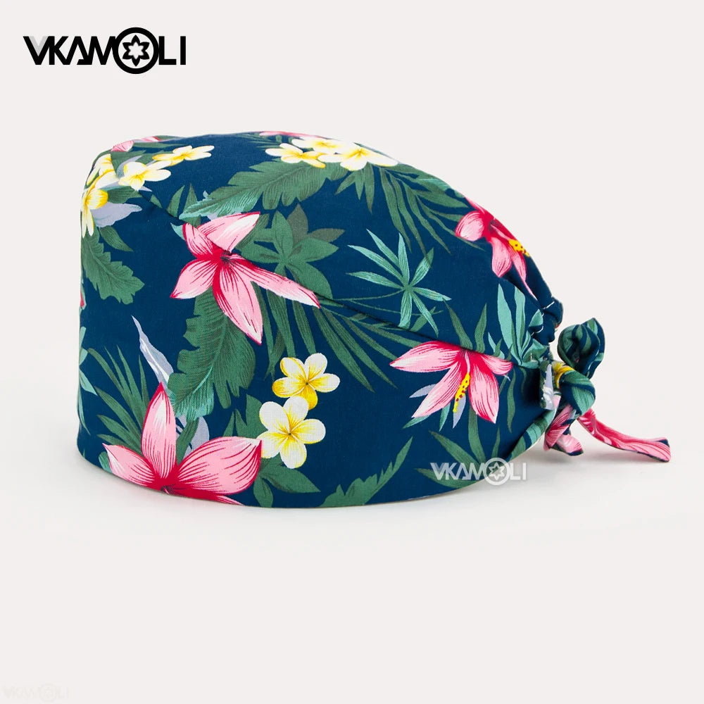 Adjustable Cotton Flower Print Scrub Caps for Women and Men