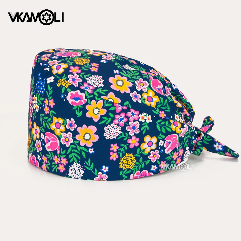 Adjustable Cotton Flower Print Scrub Caps for Women and Men